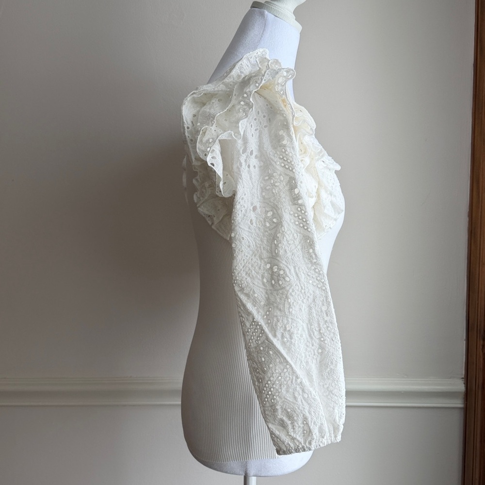 Anthropologie Dolan Eyelet Ruffle Sleeve scoop neck Sweater Top Ivory cream S - Picture 7 of 10